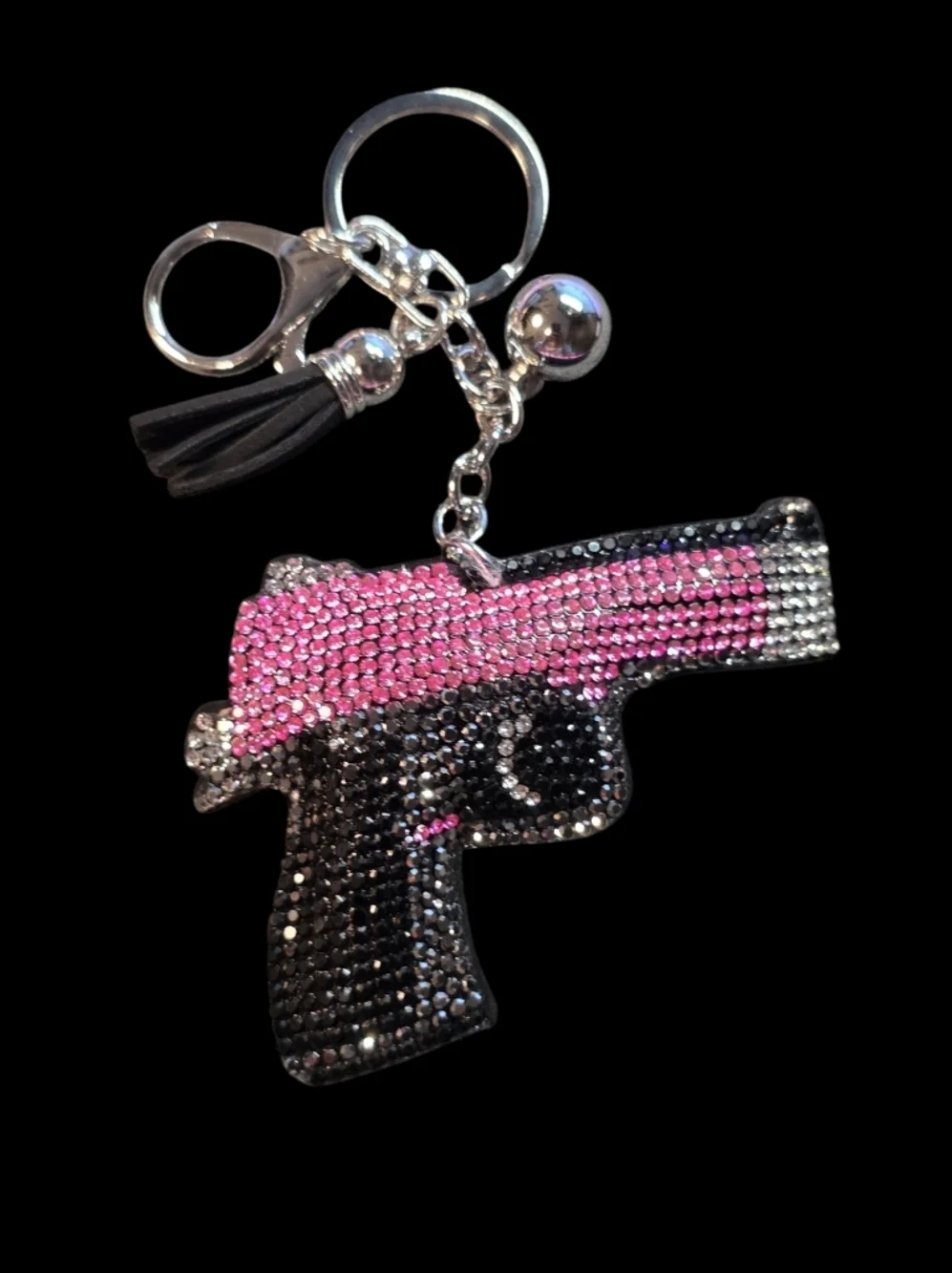 Rhinestone Pistol Bag Charm Keychain - Pink and Black